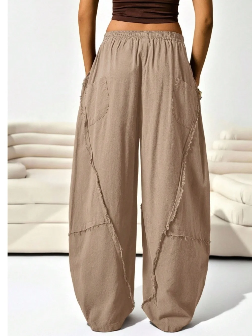 Solid Stretchy Waist Pockets Frayed Detail Harem Genie Pants - Picture 3 of 5